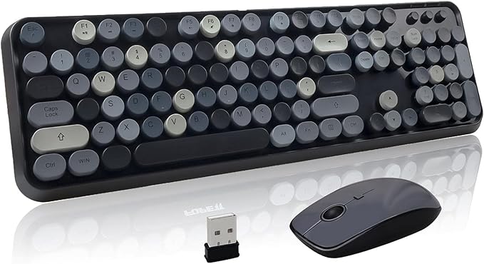 Wireless Keyboard and Mouse Combo, Retro Typewriter Style Bubble Keyboard with Round Keycaps, 2.4GHz Full Size Mixed Color Aesthetic Keyboards and 3 DPI Mouse Set for PC Laptop Desktop - Black Grey