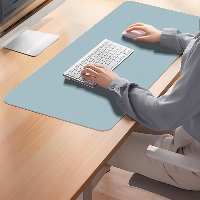 Large Desk Pad Mat, Leather Blue Desk Mat for Desktop, Computer Desk Mouse Pad Non-Slip, Waterproof Keyboard Mat for Office/Home/Decor, 23.6" x 13.7"
