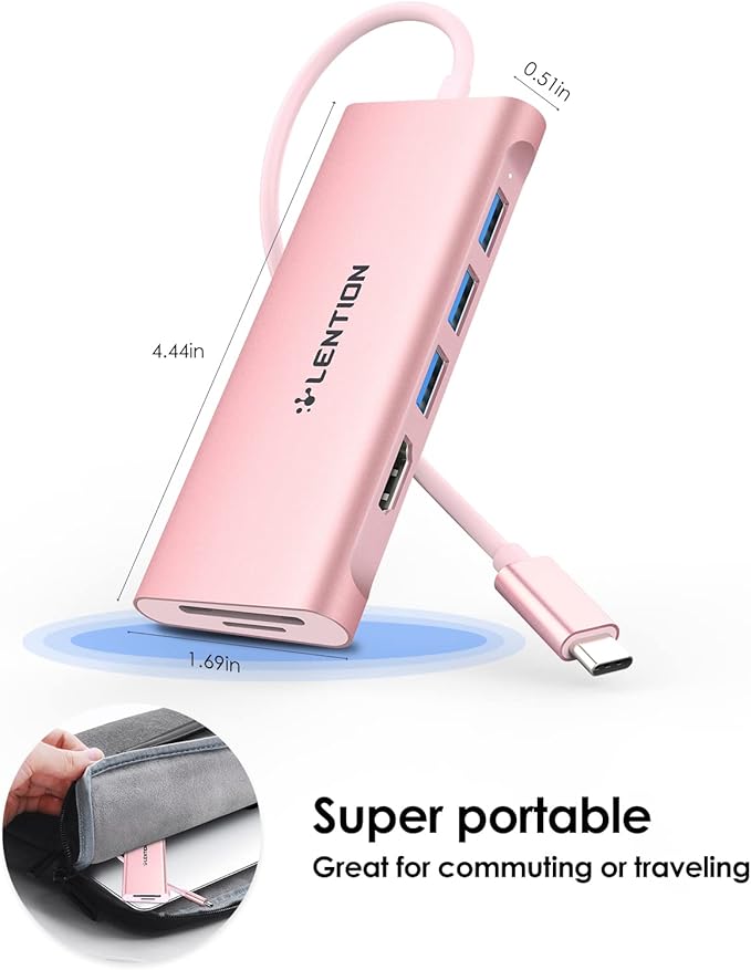 LENTION USB C Hub with 4K HDMI, 3 USB 3.0, SD/Micro SD 3.0 Card Reader, Compatible 2025-2018 MacBook Pro/Air, 2026 MacBook Neo, Mac, Surface, Chromebook, iPhone17/16/15 Pro Max, More (Rose Gold)