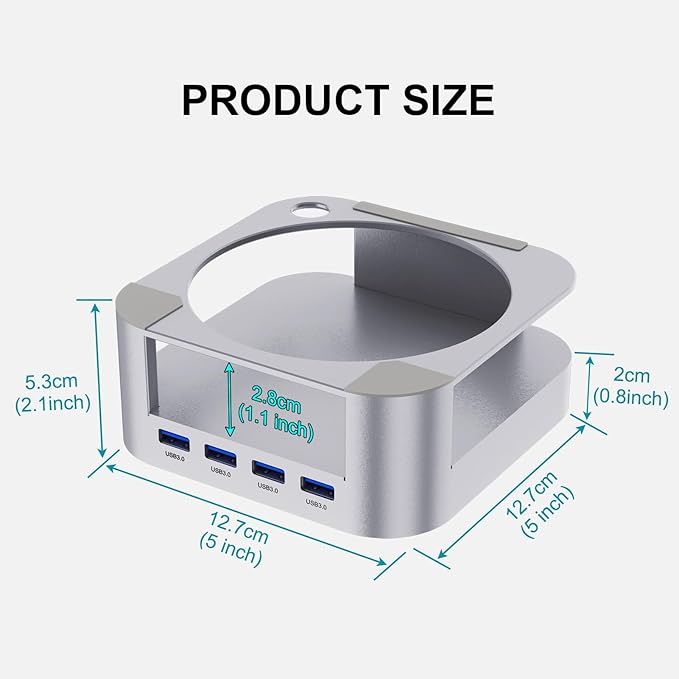 Mac mini M4 Docking Station for Mac mini M4 / M4 Pro, USB-C Hub with 4 USB-A High-Speed Data Ports, Aluminum Stand Dock with Cooling & Power Button Access (KM28-Pro)