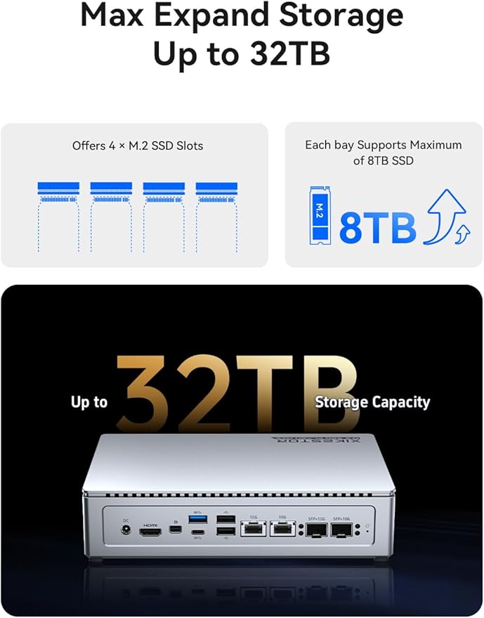 4-Bay All-Flash NAS Server with Intel i5-12450H | 32TB M.2 NVMe SSD NAS | 4X 10GbE Network Storage | 64GB Expandable Memory | Personal Cloud/Home NAS | HDMI/Mini-DP 4K@60Hz Output (Diskless)