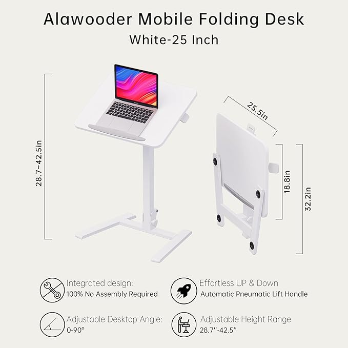 25 Inch Mobile Folding Desk - No Assembly, Pneumatic Sit-Stand, 29-42" Height Adjustable Rolling Laptop Desk with Hidden Wheels, 0-90° Tilt Top for Home Office, Craft & Study