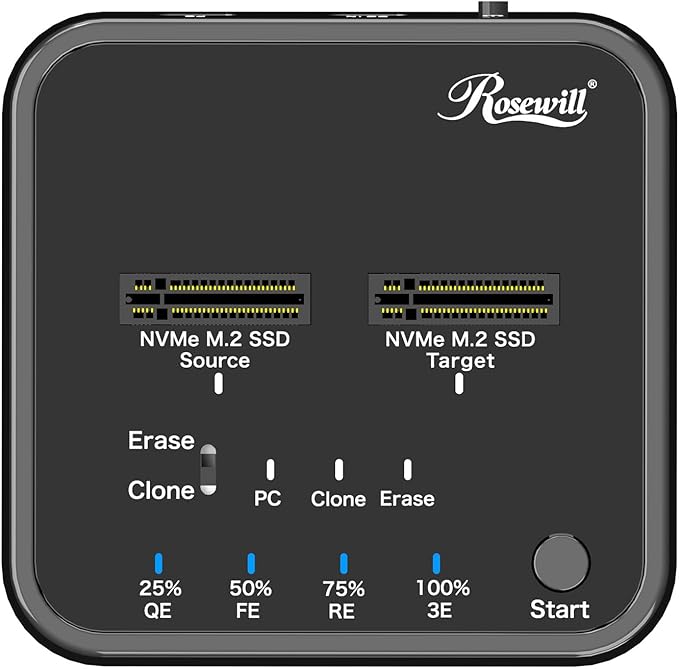 Rosewill M.2 NVMe Cloner + Eraser, M.2 Duplicator Dual Bay NVMe Enclosure, Tool-Free 20Gbps USB3.2 Gen 2X2 SSD to USB Adapter M.2 Docking Station for M Key PCIE NVMe SSD Reader, Offline Clone & Erase