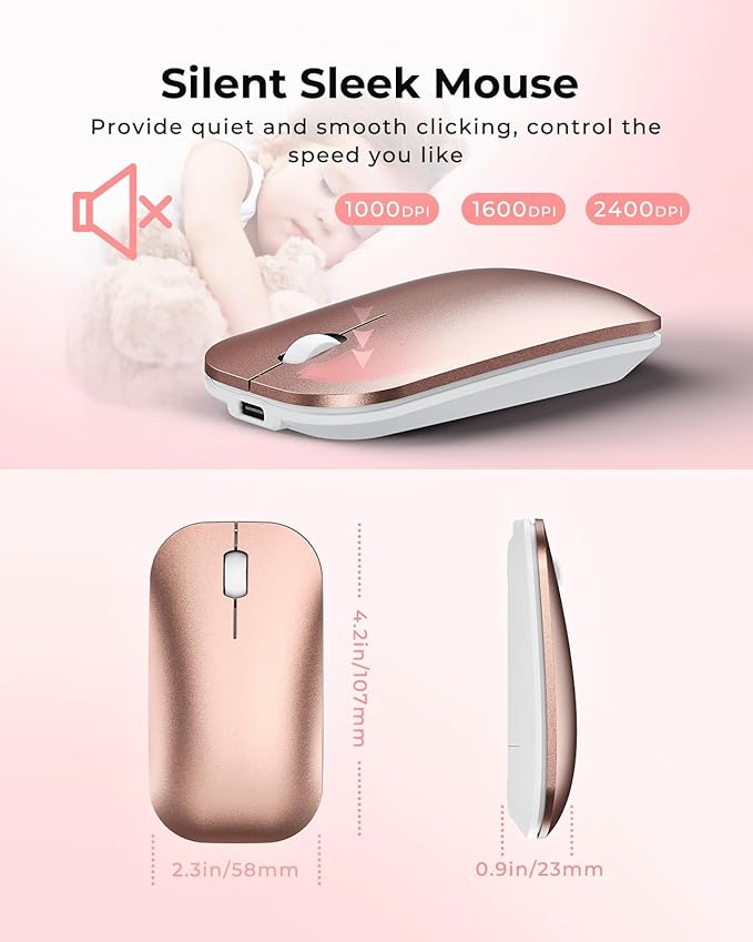 seenda Wireless Bluetooth Keyboard and Mouse Combo, SKM64-3 Rechargeable Slim Quiet Keyboard Mouse, 3 Multi-Device Connection, Compatible for Windows, Mac, MacBook, iPad, Tablet, White Rose Gold