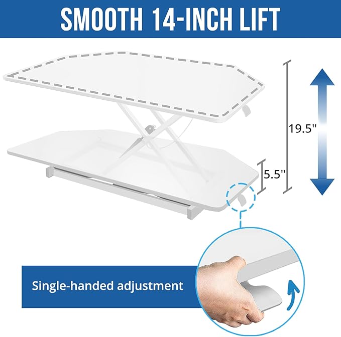 32 inch White Corner Standing Desk Converter, Assembled One-Click Sit to Stand up Desk Riser, for Dual Monitor and Laptop Height Adjustable Workstation