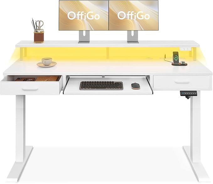 OffiGo Electric Standing Desk with Drawers & Keyboard Tray, 63 Inch Height Adjustable Desk with Power Outlets & LED Lights, Sit Stand Table with Monitor Stand for Home, Office, White