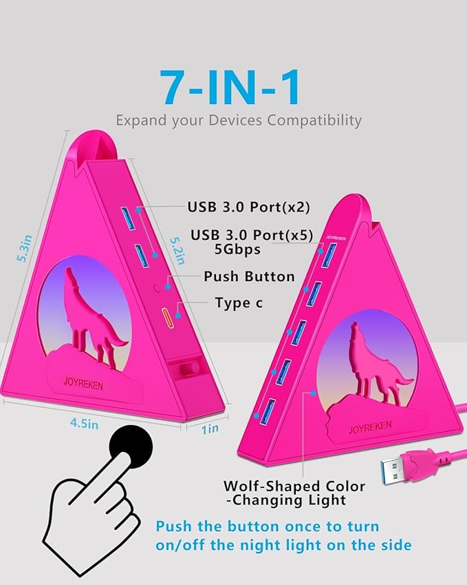 7-Port USB 3.0 Hub, JoyReken RGB USB Hub with RGB Night Light and 2ft Cable, USB Hub 3.0 Pink USB Expander for Laptop, PC, Flash Drive, HDD, Console, Printer, Keyboard, Mouse (Hot Pink)