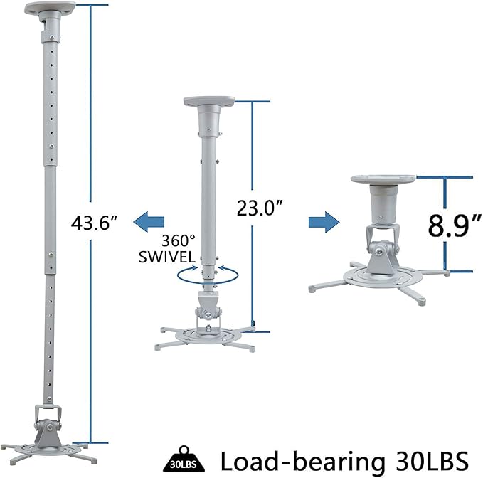Ceiling Projector Mount Bracket with Adjustable Extendable Arms, Rotating Swivel Tilt for Home and Office Projectors (Extendable-Silver)