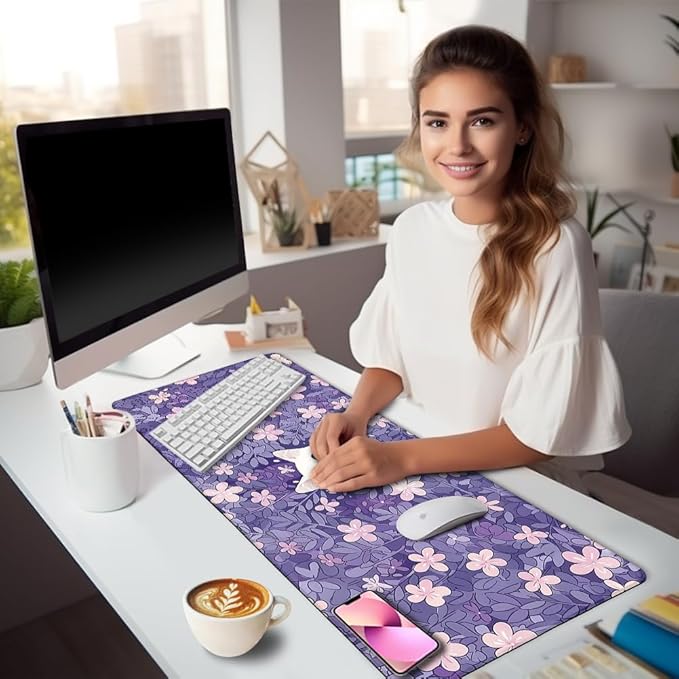 Cat Purple Mouse Pad Large Desk Mat, Kawaii Purple Computer Mousepad with Stitched Edges Non-Slip, Keyboard Mouse Pad for Desktop Cute Office Supplies Desk Decor Accessories 31.5x11.8 in