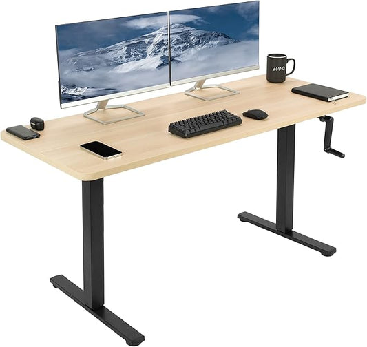 VIVO Manual Height Adjustable 60 x 24 inch Stand Up Desk, Light Wood Solid One-Piece Table Top, Black Frame, Standing Workstation with Foldable Handle, DESK-KIT-MB6C