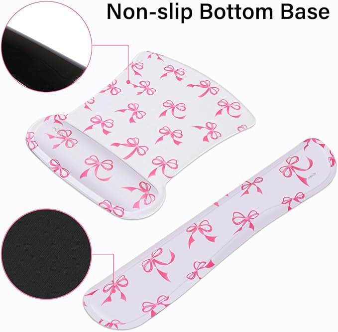 MOSISO Wrist Rest Support for Mouse Pad&Keyboard Set, Pink Bows Ergonomic Mousepad&Coaster Non-Slip Base Home/Office Pain Relief&Easy Typing Cushion with Neoprene Cloth&Raised Memory Foam, White