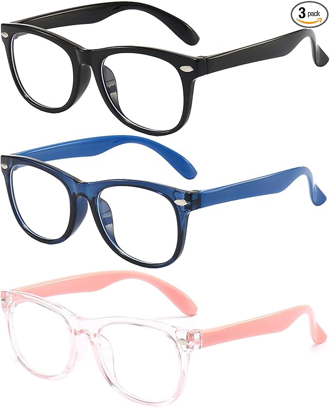 Kids Blue Light Blocking Glasses 3 Pack Fanngo Kids Computer Reading Glasses for Boys And Girls Age 3-9 (Black + Dark blue + Light powder)