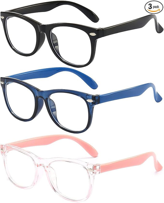 Kids Blue Light Blocking Glasses 3 Pack Fanngo Kids Computer Reading Glasses for Boys And Girls Age 3-9 (Black + Dark blue + Light powder)