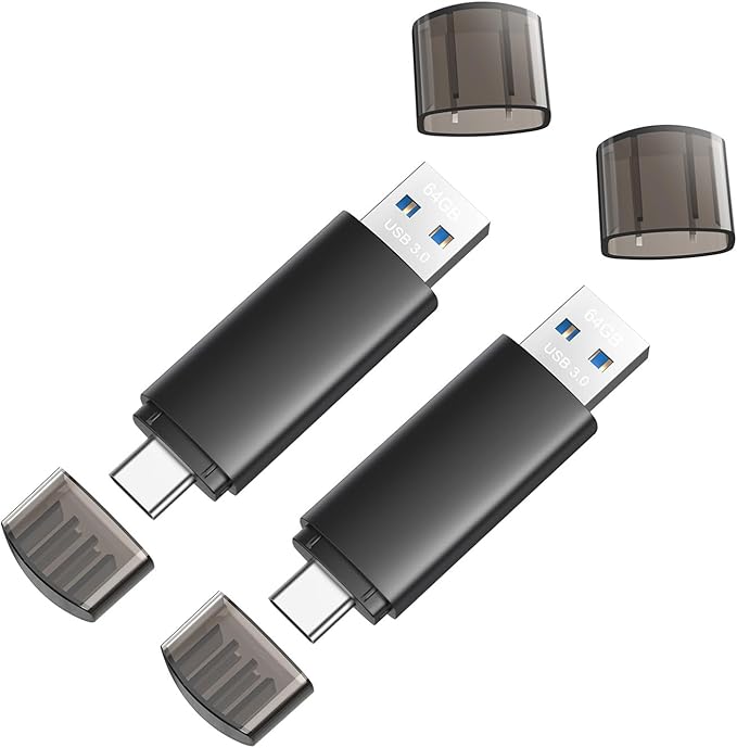 64GB USB C Flash Drive Dual USB 3.0 Flash Drive Type C + USB A Portable Type-C Flash Drive 2-in-1 USB-C Thumb Drive for Smartphone Tablet Computer Mac iPhone Black (2 Pack)