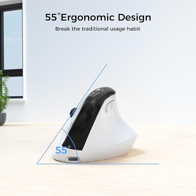 Wireless Ergonomic Mouse with Screen，Bluetooth Vertical Mouse Rechargeable, Quiet Clicks, USB Ergo Design Cordless Mice Compatible for Windows, PC, Laptop, Mac OS, White