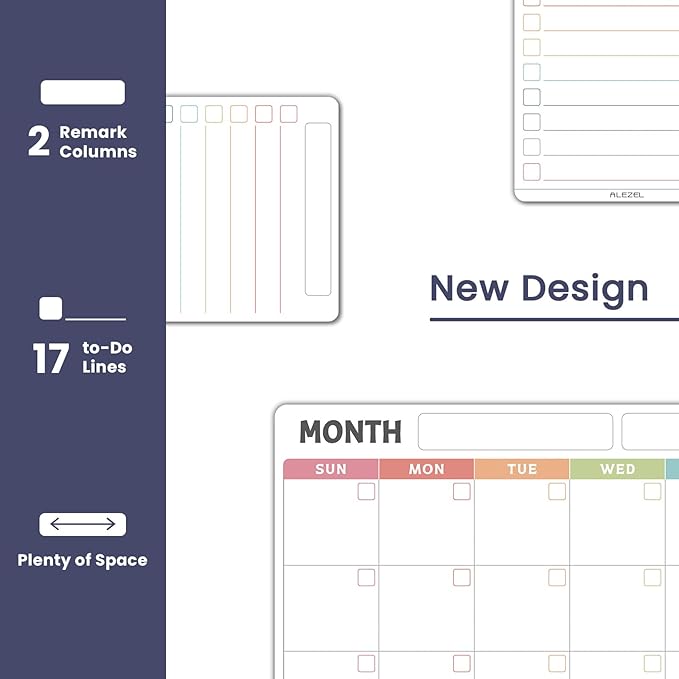 Magnetic Dry Erase Calendar for Fridge, Refrigerator Calendar Whiteboard Set - Monthly Planner with 2 List Boards, 4 Markers + Eraser, Colorful