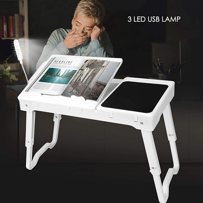 iMountek Laptop Table Bed Notebook Desk-Multi-Functional Laptop Bed Table Tray with Internal Cooling Fan, Laptop Desks with LED Light, 4 USB Ports, Storage, Mouse Pad (white)