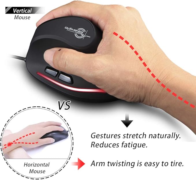 Zelotes T20 Ergonomic Vertical Mouse, 3200 DPI 6 Buttons LED Optical USB Wired Gaming Mouse for Gamer, Notebook, PC, Mac, Desktop, Laptop (Black)