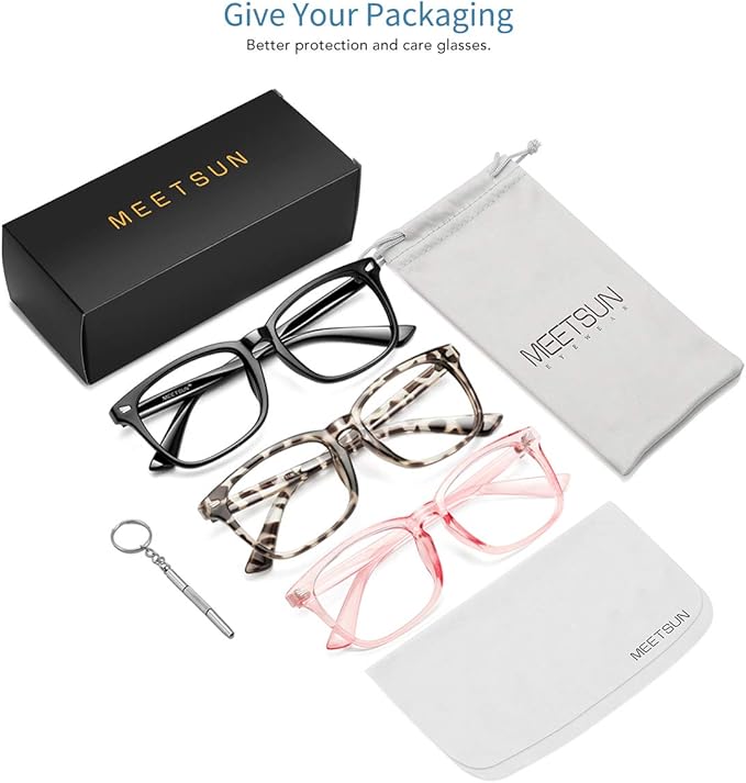 MEETSUN Blue Light Blocking Glasses, Anti Eye Strain Headache (Sleep Better),Computer Reading Glasses UV400 Transparent Lens (Black+Leopard+Pink / 3 PACK, 53)