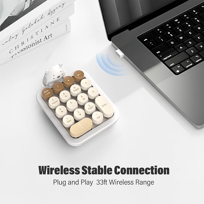 MOFII Cute Colorful Wireless Number Pad with Silicone Cover & Cute Bear Ornament, 2.4GHz Stable Wireless, Financial Accounting Extension (Milk Tea-Colorful)