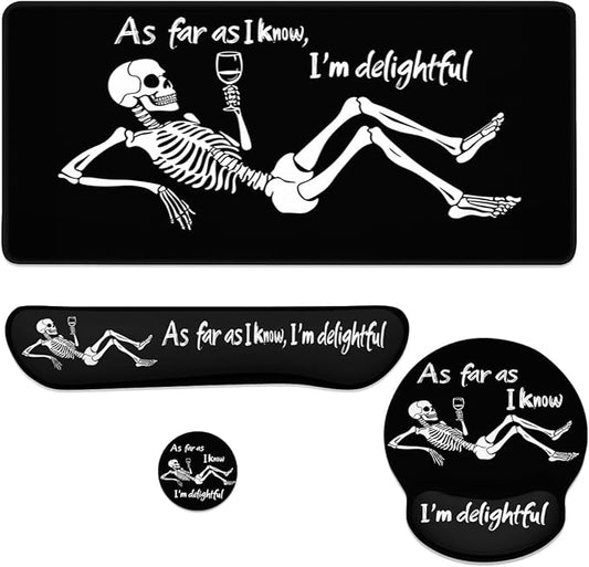 Skeleton Humor Mouse Pad Set Funny Wine Drinking Gothic Quote Art Gaming Mousepad 4in1 Desk Mat for Desktop Anti-Slip XXL Big Computer Ergonomic Mousepad with Wrist Support for Keyboard and Mouse