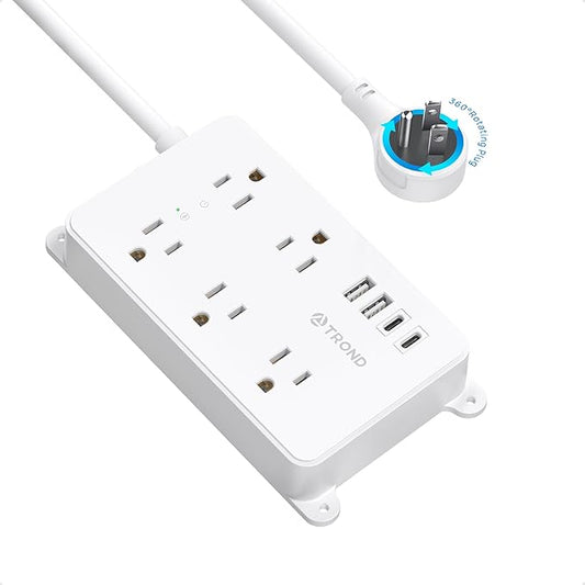 TROND 360° Rotating Power Strip, 5 Widely-Spaced Outlets with 2 USB A and 2 USB C, ETL Listed, 1300J Surge Protector, Wall Mountable, Flat Plug 5ft Extension Cord, for Home Office, Under Desk, White