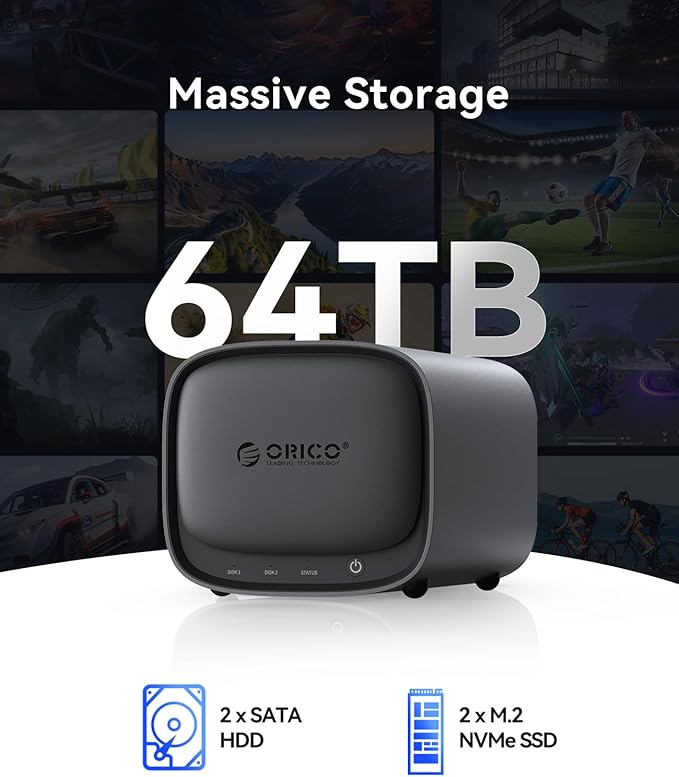 ORICO Network Attached Storage, Link Sharing & Remote Access, AI Albums & 4K Media Library, HDD Slot * 2, M.2 NVMe SSD Slot * 2, 2.5 GbE * 2, MetaBox NAS Storage, HS200-2 Bay (Diskless)