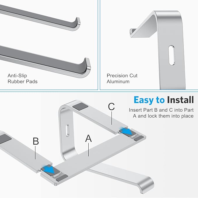 OMOTON Laptop Stand for Desk, Detachable Laptop Riser, Aluminum Laptop Holder, Compatible with MacBook Air/Pro, Dell, HP, and All Laptops (11-16 inch), Silver