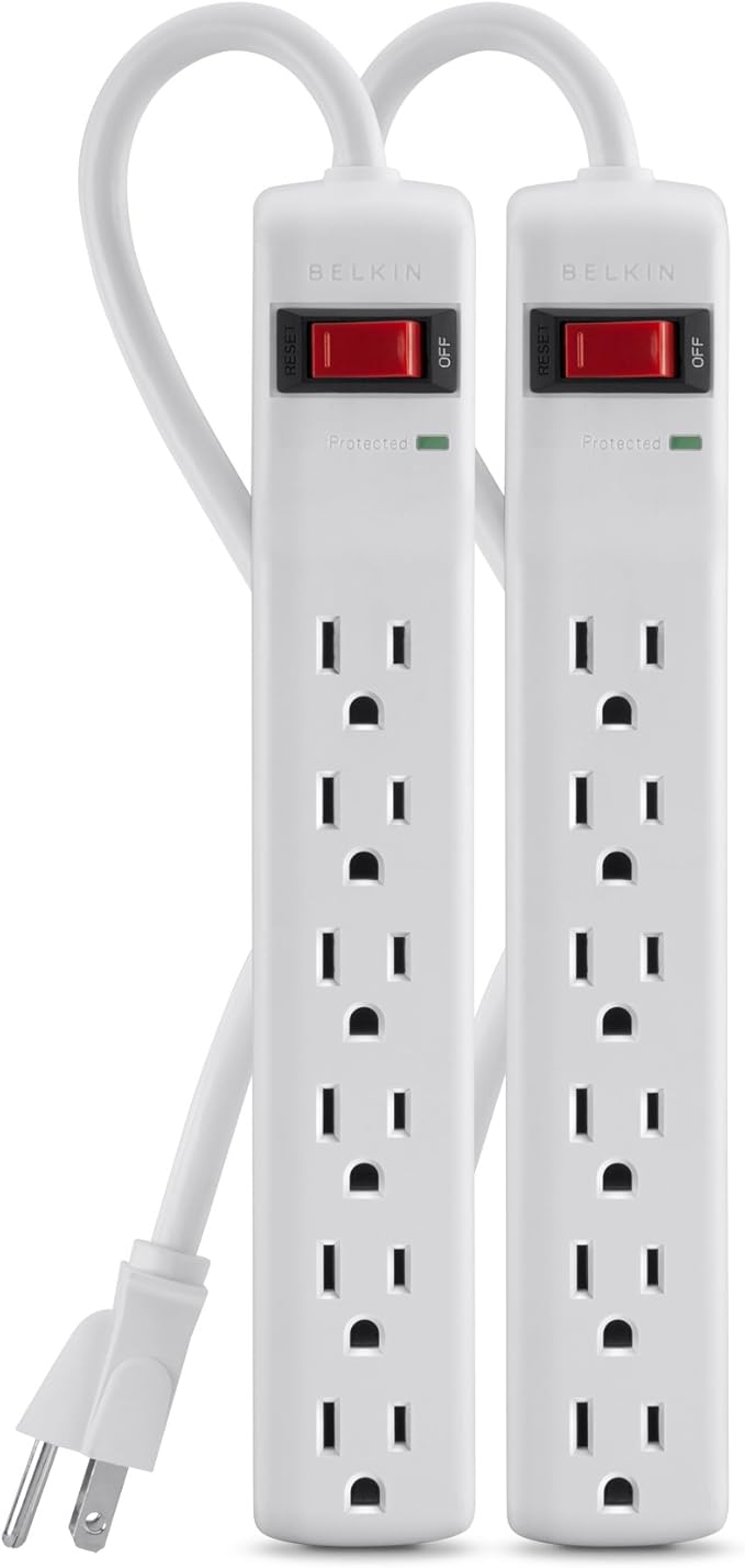 Belkin Power Strip Surge Protector - 6 AC Multiple Outlets, 2 ft Long Heavy Duty Metal Extension Cord for Home, Office, Travel, Computer Desktop & Phone Charging Brick - 200 Joules, White (2 Pack)