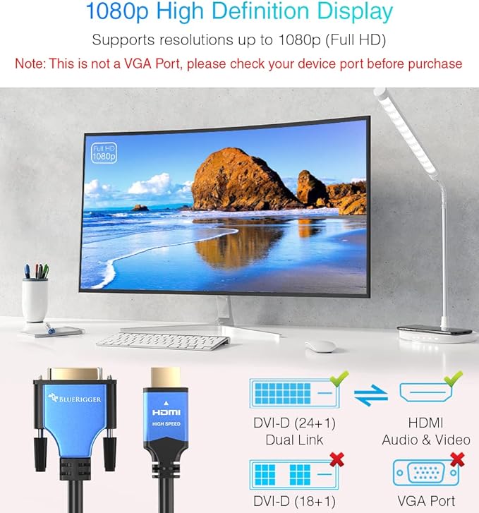 BlueRigger HDMI to DVI Cable 20FT (High-Speed, Bi-Directional Adapter Male to Male, DVI-D 24+1, 1080p, Aluminum Shell) - Compatible with Raspberry Pi, Roku, Xbox One, PS5/PS4/PS3, Graphics Card