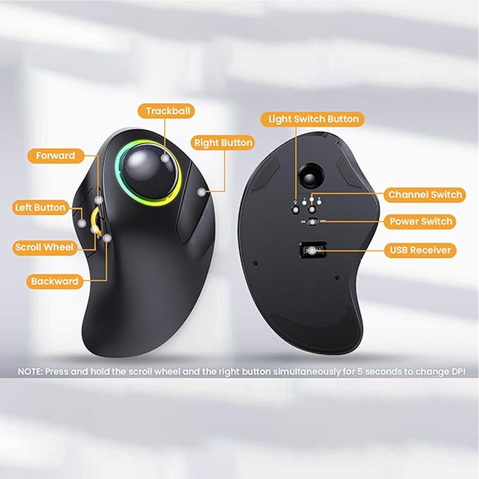 JOMAA Wireless Bluetooth Computer Trackball Mouse with RGB Backlight,Finger Control, 3 Device Switch, Silent Rechargeable Ergonomic Drawing Office Mouse for Laptop, Desktop Computer, Tablet Phone