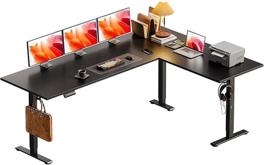 Casaottima 71 Inch Reversible Electric L Shaped Standing Desk, Height Adjustable Corner Stand up Desk, Ergonomic Large Lift Table for Home, Office, Workstation, Reception Room, Black