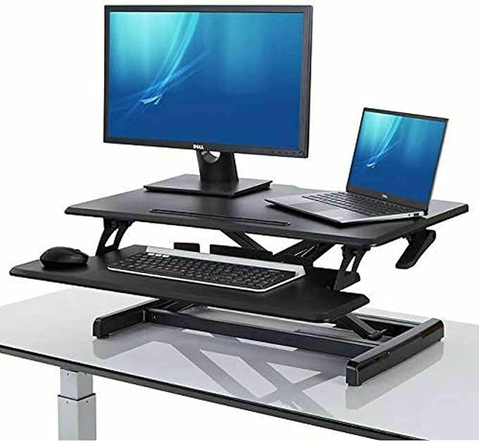 Seville Classics Airlift Height Adjustable Sit Desk Converter Workstation Standing Ergonomic Dual Monitor Riser with Keyboard Tray, Compact Rectangular 30", Midnight