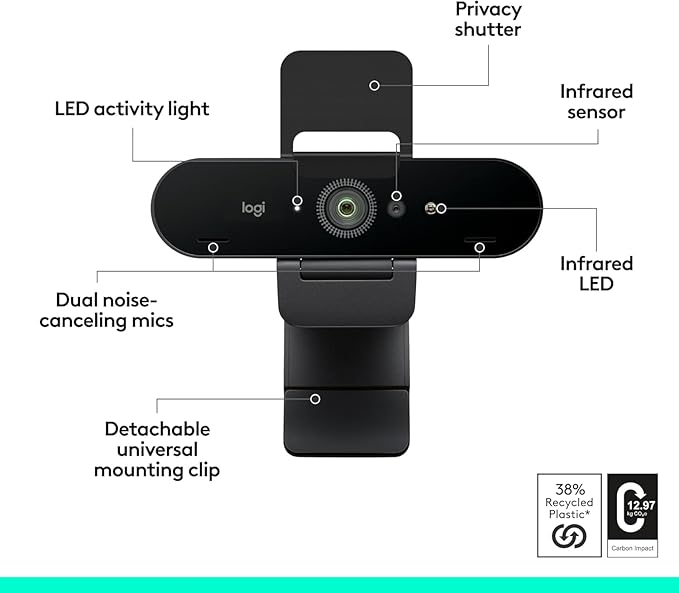 Logitech Brio 4K Webcam, Video Calling, Noise-Cancelling mic, HD Auto Light Correction, Wide Field of View, Windows Hello Works with Microsoft Teams, Zoom, Google Meet, PC/Mac/Laptop/MacBook/Tablet