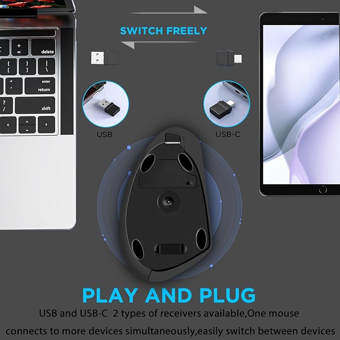 Ergonomic Mouse Wireless Bluetooth Vertical Mouse Three-mode Connection:BT5.0+USB A+USB C- Rechargeable,Ergonomic,6 Buttons,1600 DPI,2.4G Optical-Compatible with Mac ipad Tablet Laptop PC Computer