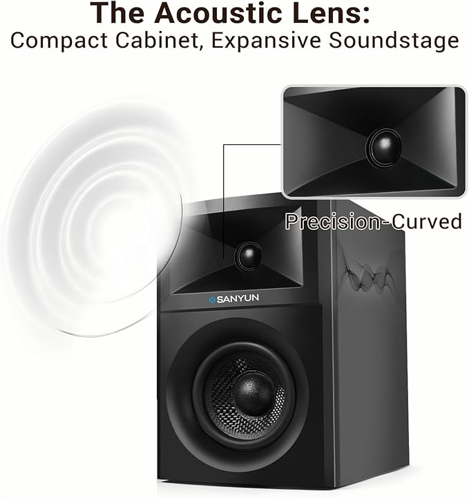 Sanyun SW203 4.0 Computer Speakers - 60W 4-Way DSP Control 3D Immersive Sound - 3" Carbon Fiber Woofer & 20mm Silk Dome Tweeter - 24bit DAC USB/Bluetooth 5.4/AUX - Studio-Grade Audio (Pair, Black)