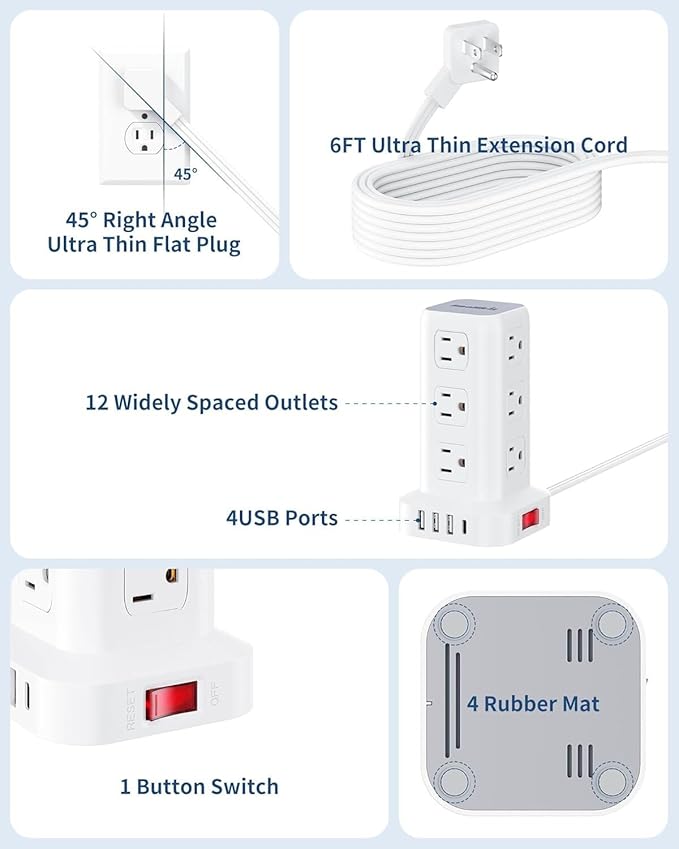 Extension Cord with Multiple Outlets, SMALLRT Flat Plug Surge Protector Power Strip Tower, Power Bars with USB 12 AC Outlets, 16.5FT Ultra Thin Extension Cord for Home Office, Overload Protection