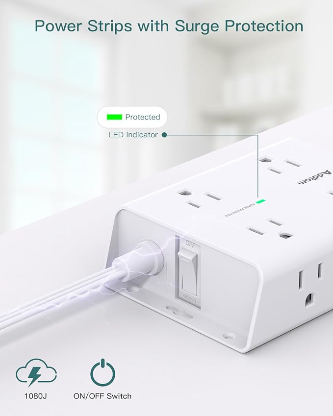 10FT Flat Plug Extension Cord with Multiple Outlets, Surge Protector Power Strip 10 ft Cord, 8 Outlets 4 USB Ports (2 USB C), Multi Outlet Wall Plug for Home Office College Dorm Room Essentials