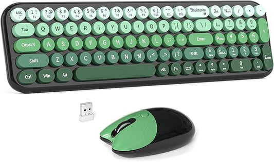 Wireless Keyboard and Mouse Combo, MOWUX Compact Typewriter Retro Round Computer Keyboard, Cute Optical Mouse Wireless, Plug and Play, for Laptop, PC, Computer- Black Green Gradient