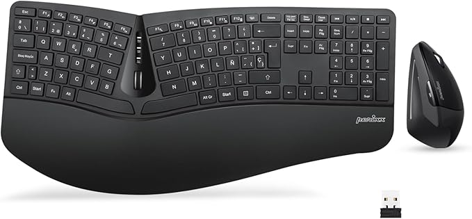 Perixx PERIDUO-605 ES, Pack de Teclado Ergonómico Inalámbrico - separación de teclas y Ratón Vertical con reposa muñeca y Teclas de Membrana Low Profile - QWERTY Español
