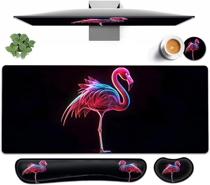 Large Mouse pad and Keyboard Support Set, Ergonomic Memory Foam Keyboard Wrist Rest, Extended Gaming Mouse Pad with Stitched Edges, Pink Flamingo Black XXL Desk Mat (31.5 X 11.8 in)