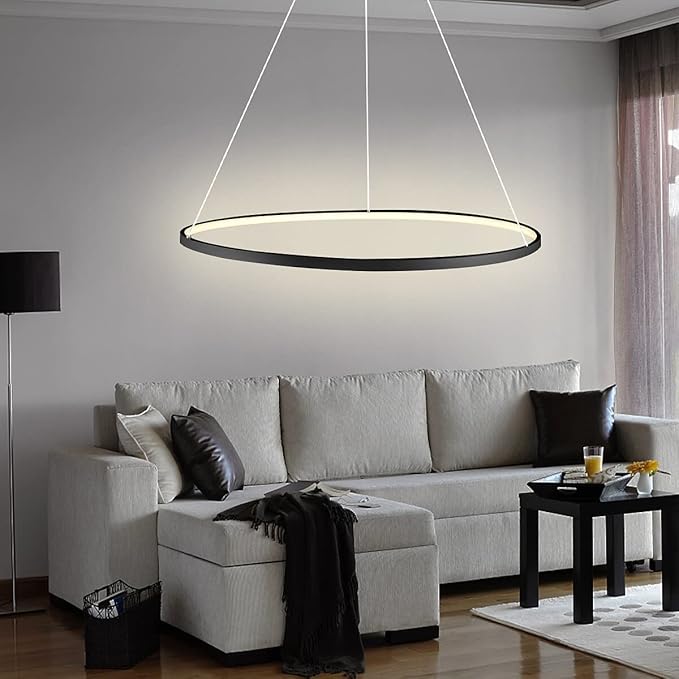 LightInTheBox Modern Pendant Light, 23.6" LED Ring Chandeliers Ceiling Light with Remote Control,Minimalist Halo Hanging Light Fixture Metal Acrylic White for Living Room Dinning Room Bedroom (Black)