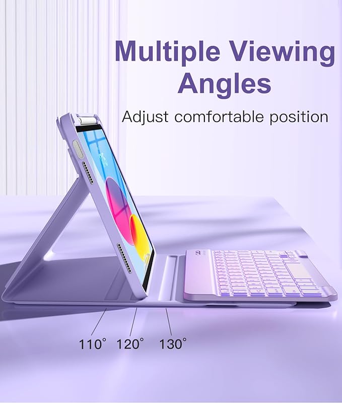 Hamile for iPad 11th 10th Generation Case with Keyboard - 7 Colors Backlit Wireless Detachable Folio Keyboard Cover with Pencil Holder for iPad 11-inch A16 2025 10th Gen 10.9 Inch 2022 (Purple)
