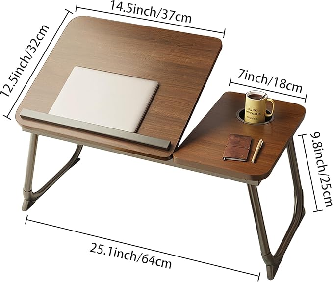Laptop Desk for Bed, Adjustable Laptops Stand with 5 Adjustable Angles, Portable Lap Tray Table with Cup Holder, Laptop Bed Desk Tray for Eating Working Writing Reading (Brown)