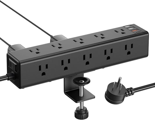 CCCEI Standing Desk Clamp Power Strip with 15 Outlets, Black Desktop Edge Mount Surge Protector Outlet, Fast Charging USB-A and 45W USB-C Ports, 10 FT Flat Plug, Black Fit 1.6 inch Table top.