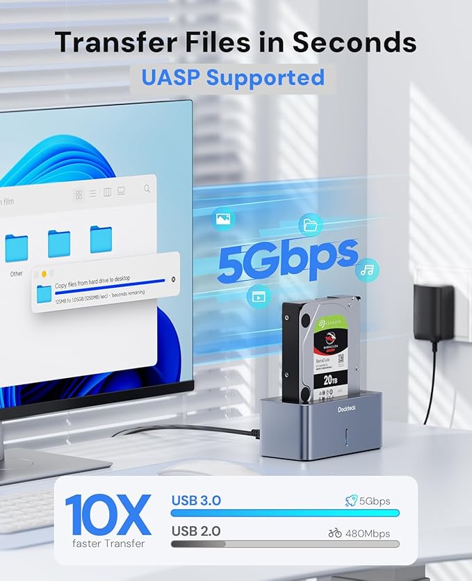 USB 3.0 to SATA External Hard Drive Docking Station, dockteck 2.5/3.5 Inch SATA HDD & SSD 5Gbps Aluminum Docking Station, Support UASP