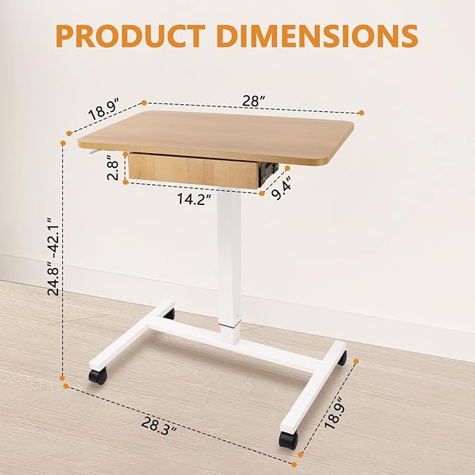 CLATINA Mobile Laptop Standing Desk, Height Adjustable Teacher Podium with Lockable Wheels, Adjustable Work Table with Drawer, Computer Cart Overbed Table for Home Office Classroom, Beige