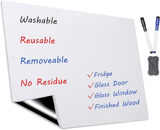 Dry Erase Whiteboard Sticker for Fridge, 16.5×11.7in Removable Whiteboard Sheet for Non-Magnetic Stainless Steel Glass Door w/ 2 Markers & 1 Eraser, Washable Sticky Note, No Residue, Any Shiny Surface