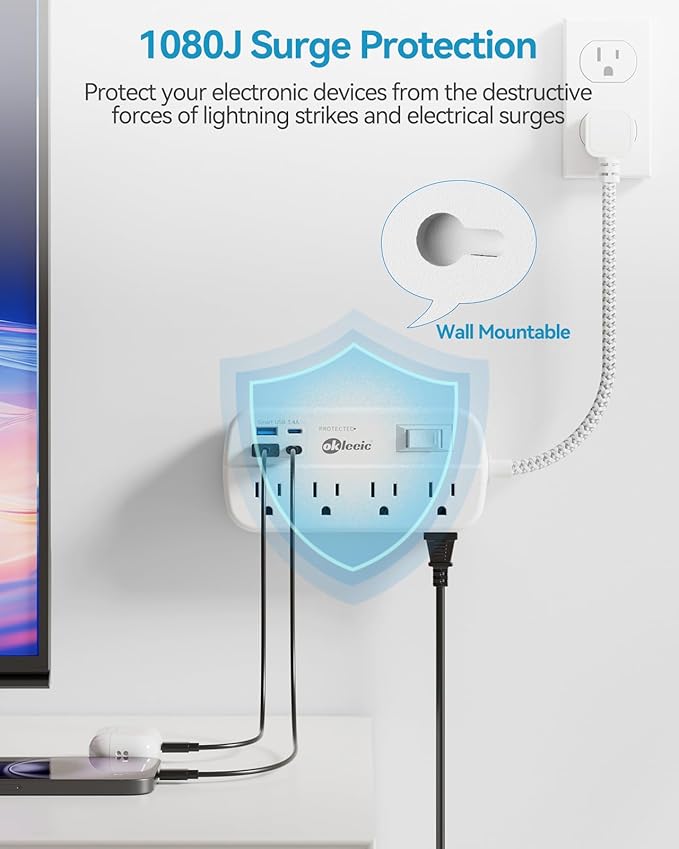 Short Extension Cord 2 Foot - Power Strip Flat Plug Surge Protetor with 8 Outlets 4 USB (2 USB C) Charging Ports, Multi Plug Wall Outlet Splitter for Kitchen Bathroom Hotel Office Desktop Accessories