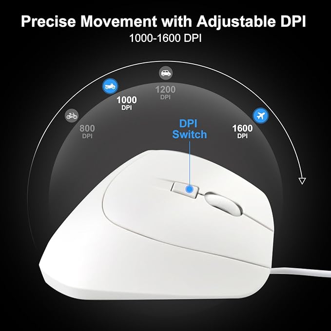 SANWA Wired Ergonomic Mouse, Silent Click Vertical Computer Mice, 3 Programmable Buttons, Optical Ergo Mouse, Reduce Wrist Strain, 1000/1600 DPI, Compatible with Mac, Windows, Laptop, PC, White